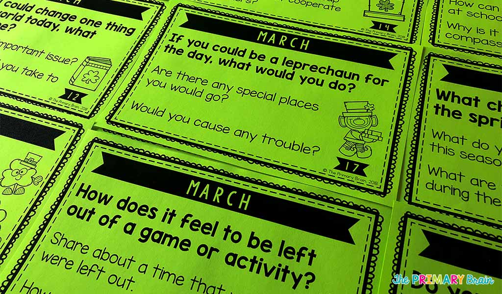 The image shows a photo of a classroom discussion prompt card to use in the month of March.