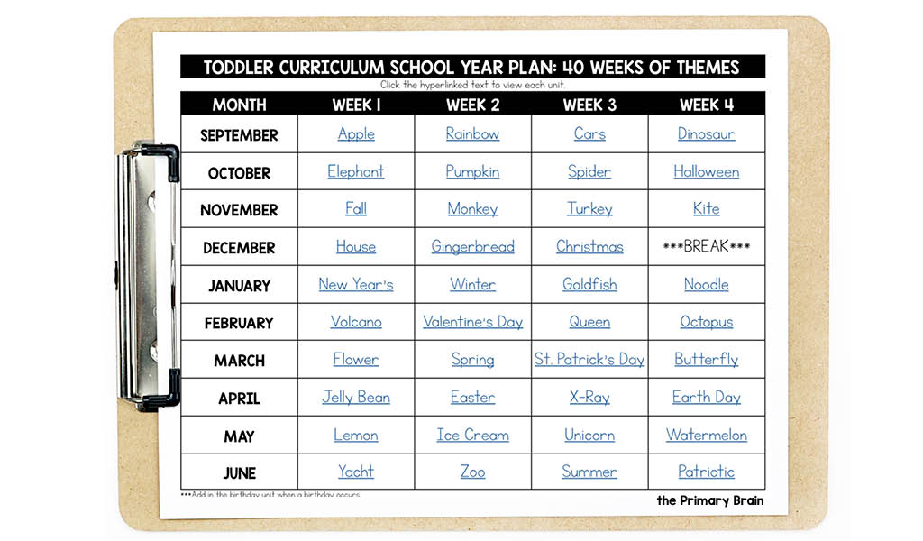 School Year Calendar for Toddlers